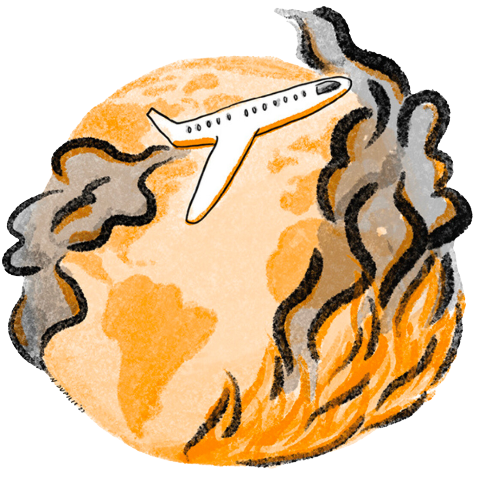 Climate Harms. Plane flying around an earth that is on fire and smoking.