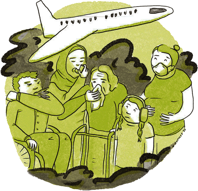 Environmental Harms icon. Group of people coughing because of air pollution from plane flying overhead.