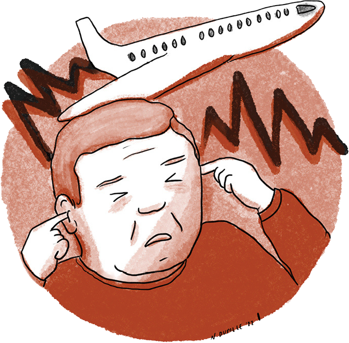 Noise Pollution. Man plugging his ears while plane flies over.